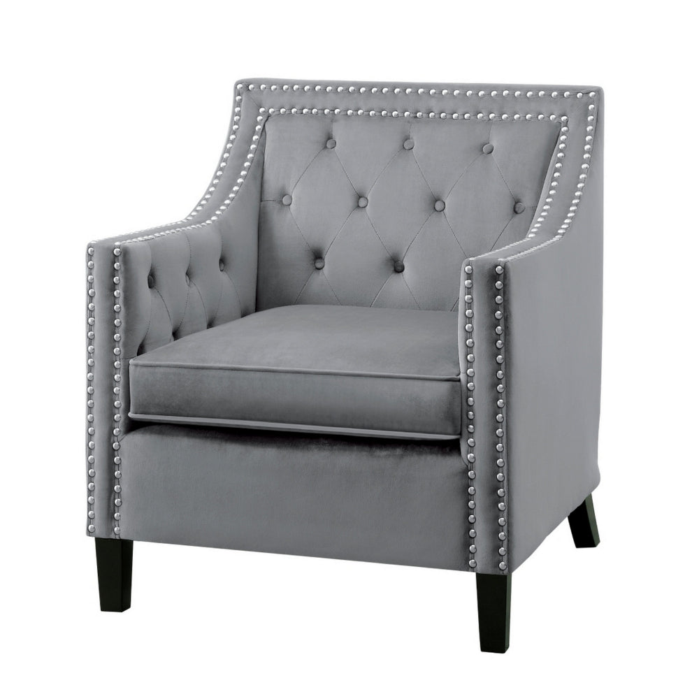 Soma 31 Inch Accent Armchair, Button Tufted Gray Velvet, Nailhead Trim - BM314275