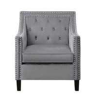 Soma 31 Inch Accent Armchair, Button Tufted Gray Velvet, Nailhead Trim - BM314275