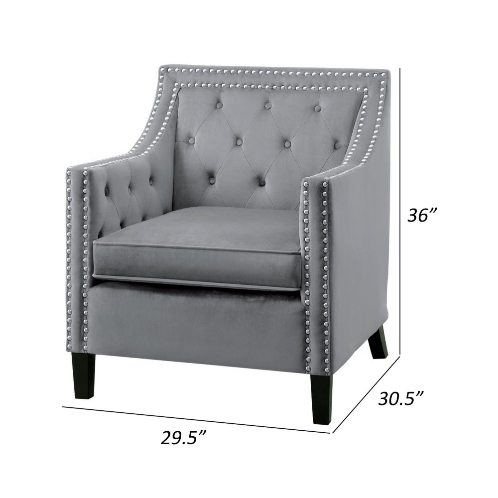 Soma 31 Inch Accent Armchair, Button Tufted Gray Velvet, Nailhead Trim - BM314275