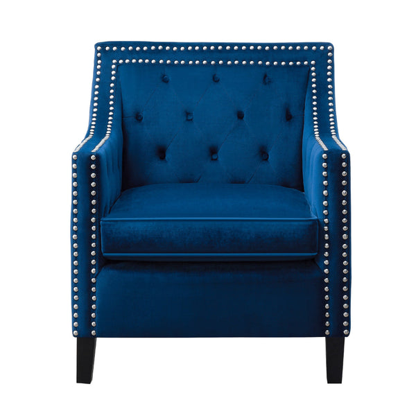 Soma 31 Inch Accent Armchair, Button Tufted Blue Velvet, Nailhead Trim - BM314276