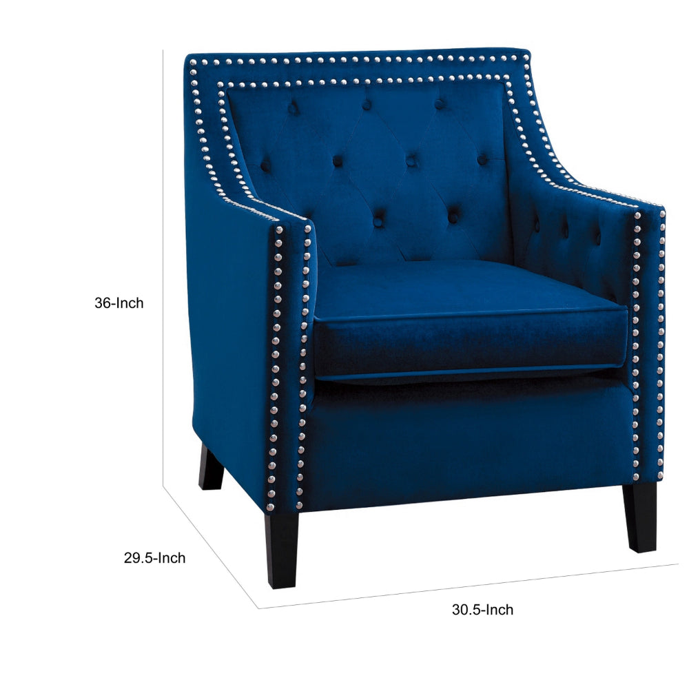 Soma 31 Inch Accent Armchair, Button Tufted Blue Velvet, Nailhead Trim - BM314276