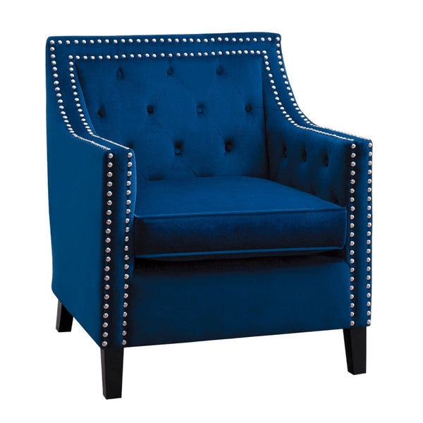 Soma 31 Inch Accent Armchair, Button Tufted Blue Velvet, Nailhead Trim - BM314276