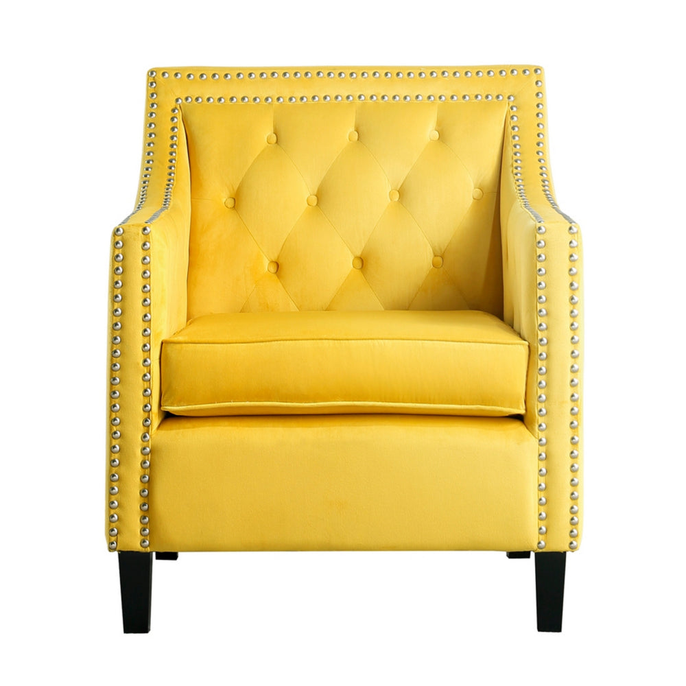 Soma 31 Inch Accent Armchair, Button Tufted Yellow Velvet, Nailhead Trim - BM314277