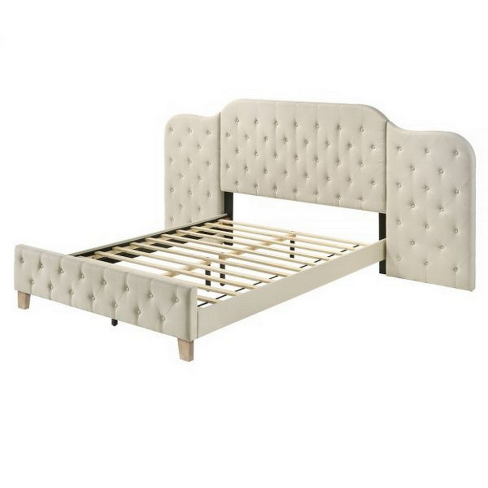 Ronny Inch Queen Size Bed, Wall Headboard, Beige Linen Tufted Upholstery - BM314303