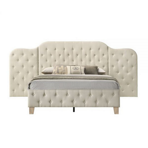 Ronny Inch Queen Size Bed, Wall Headboard, Beige Linen Tufted Upholstery - BM314303