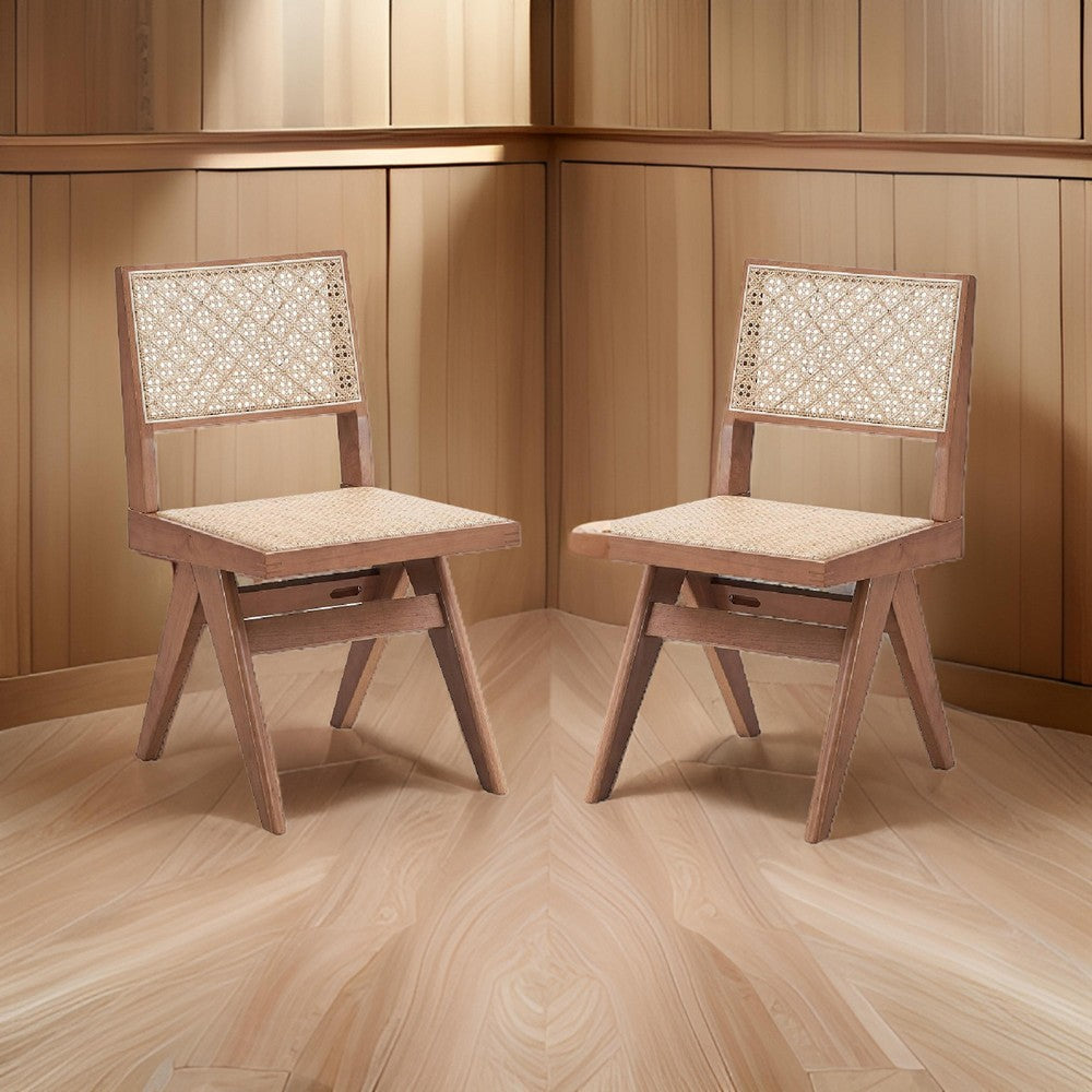 Tina 22 Inch Side Dining Chair Set of 2, Woven Rattan, Natural Brown Wood - BM314306