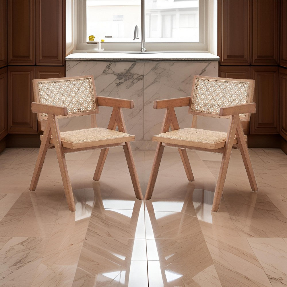 Tina 22 Inch Dining Armchair Set of 2, Woven Rattan, Natural Brown Wood - BM314307