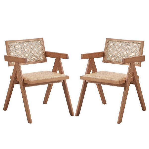 Tina 22 Inch Dining Armchair Set of 2, Woven Rattan, Natural Brown Wood - BM314307