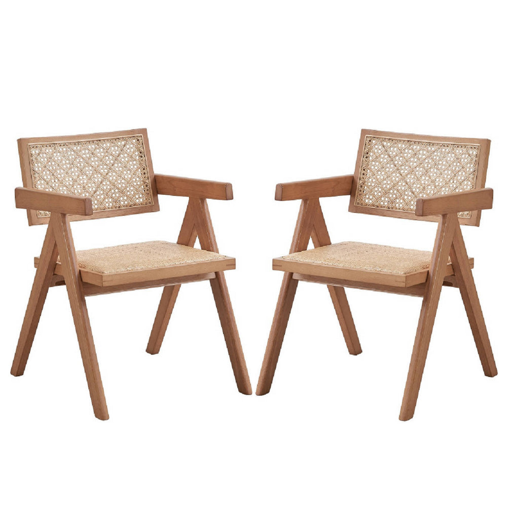 Tina 22 Inch Dining Armchair Set of 2, Woven Rattan, Natural Brown Wood - BM314307