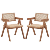 Tina 22 Inch Dining Armchair Set of 2, Woven Rattan, Natural Brown Wood - BM314307