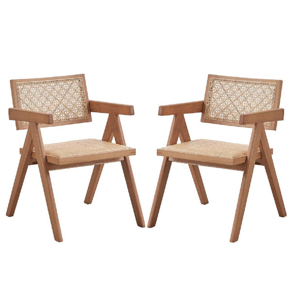 Tina 22 Inch Dining Armchair Set of 2, Woven Rattan, Natural Brown Wood - BM314307