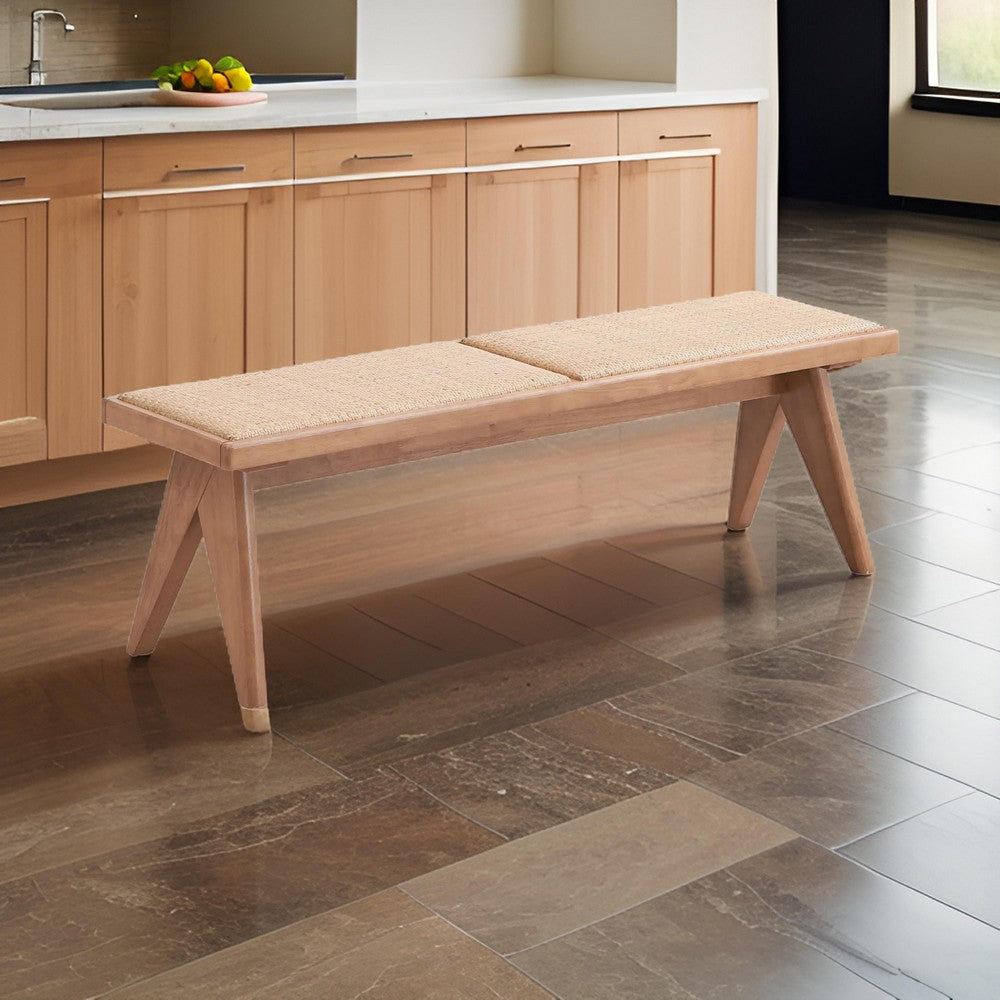 Tina 51 Inch Dining Bench, Transitional Woven Rattan, Natural Brown Wood - BM314308