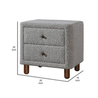 Lyno 20 Inch Nightstand, 2 Drawers, Brown Legs, Gray Boucle Upholstery - BM314317