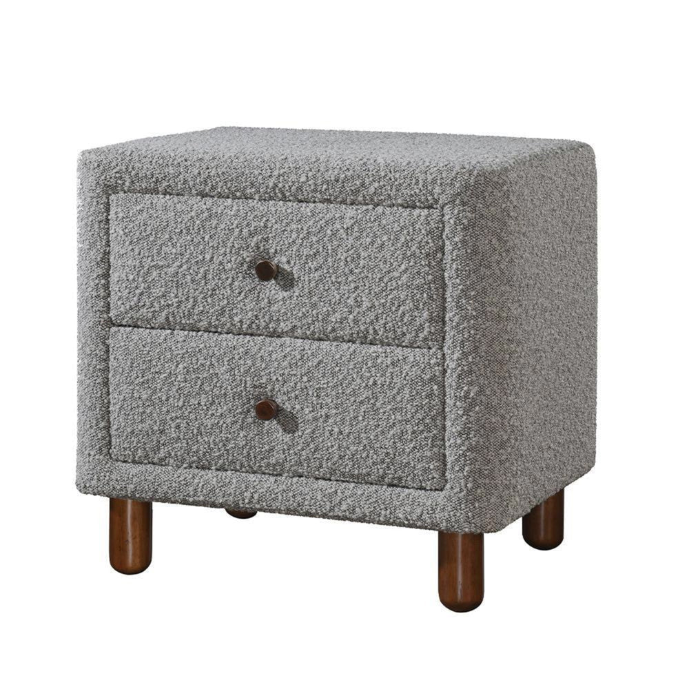 Lyno 20 Inch Nightstand, 2 Drawers, Brown Legs, Gray Boucle Upholstery - BM314317