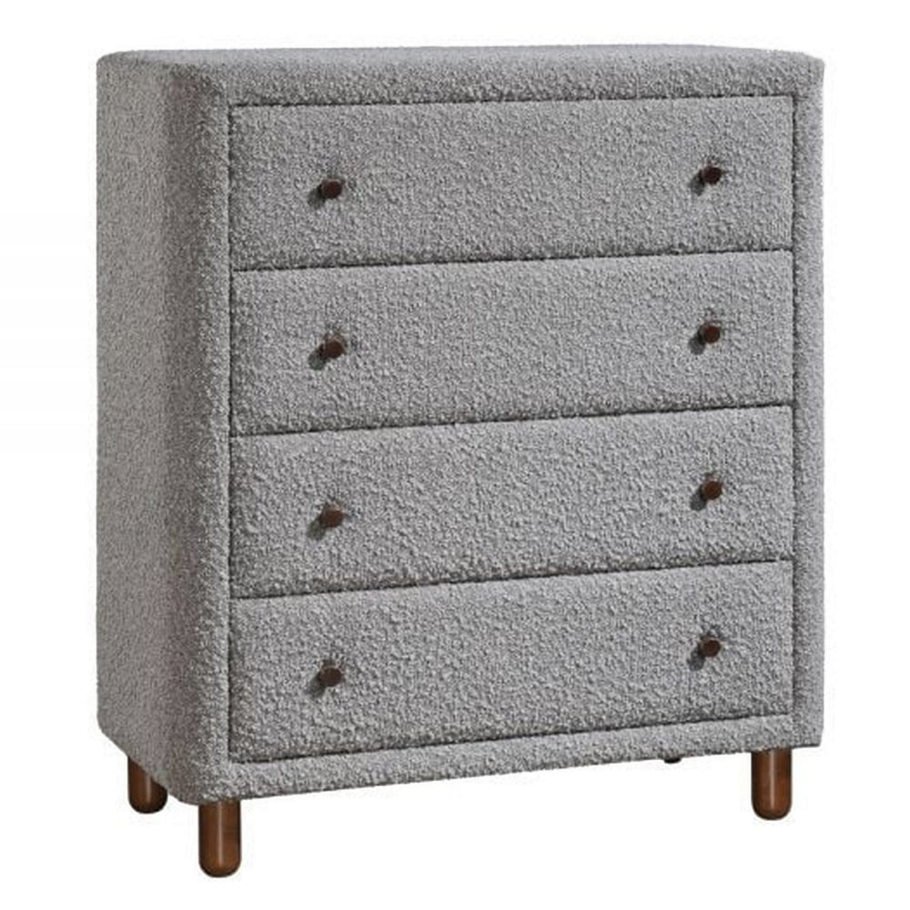 Lyno 38 Inch Tall Dresser Chest, 4 Drawers, Gray Boucle Upholstery, Brown - BM314318