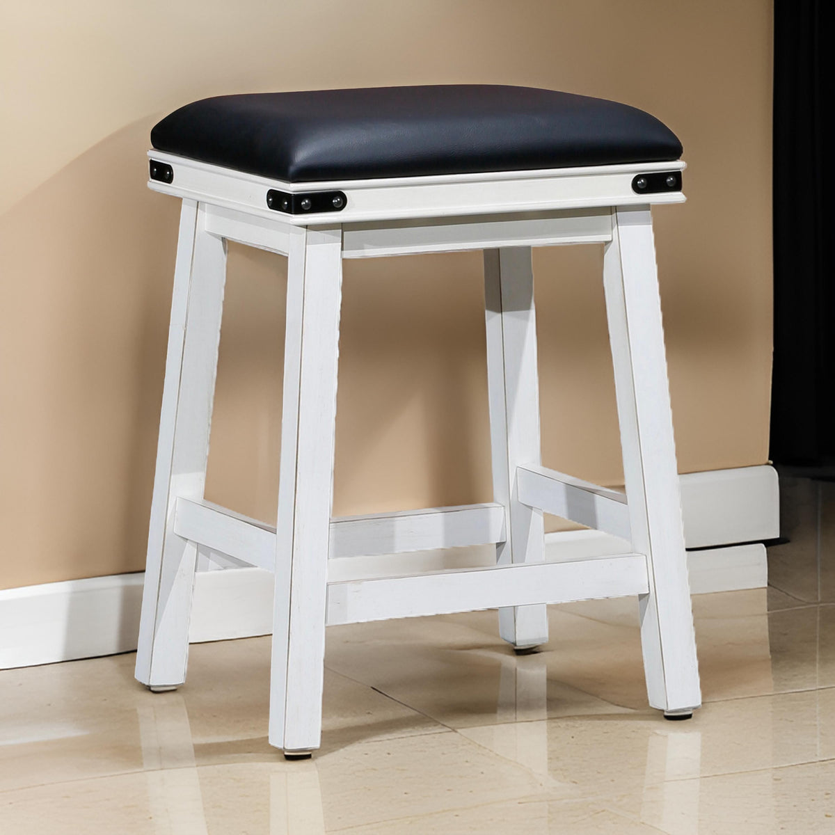 Nio 24 Inch Counter Stool, Black Bonded Leather Seat, Antique White Finish - BM314319