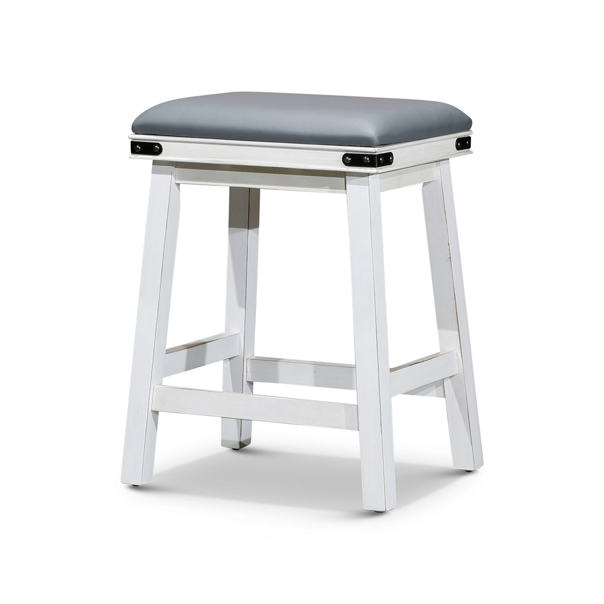 Nio 24 Inch Counter Stool, Gray Bonded Leather Seat, Antique White Finish - BM314320