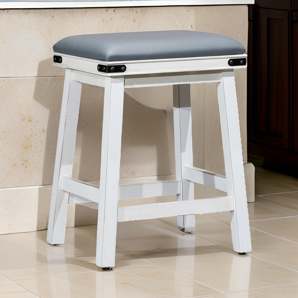 Nio 24 Inch Counter Stool, Gray Bonded Leather Seat, Antique White Finish - BM314320