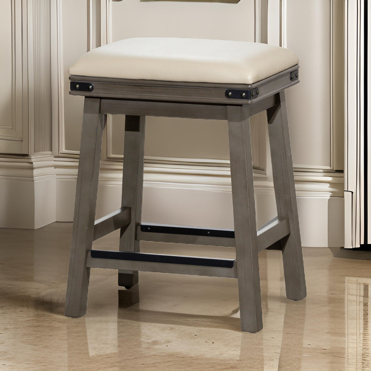 24 Inch Counter Stool, Weathered Gray Finish, French Gray Leather Seat - BM314321