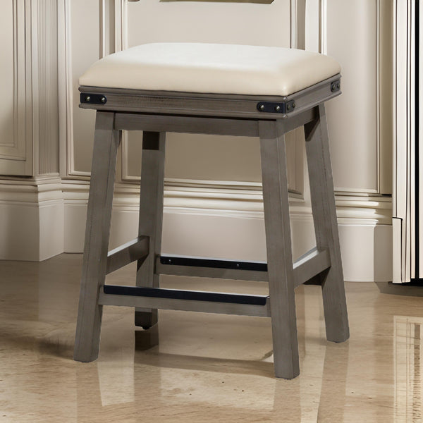 24 Inch Counter Stool, Weathered Gray Finish, French Gray Leather Seat - BM314321