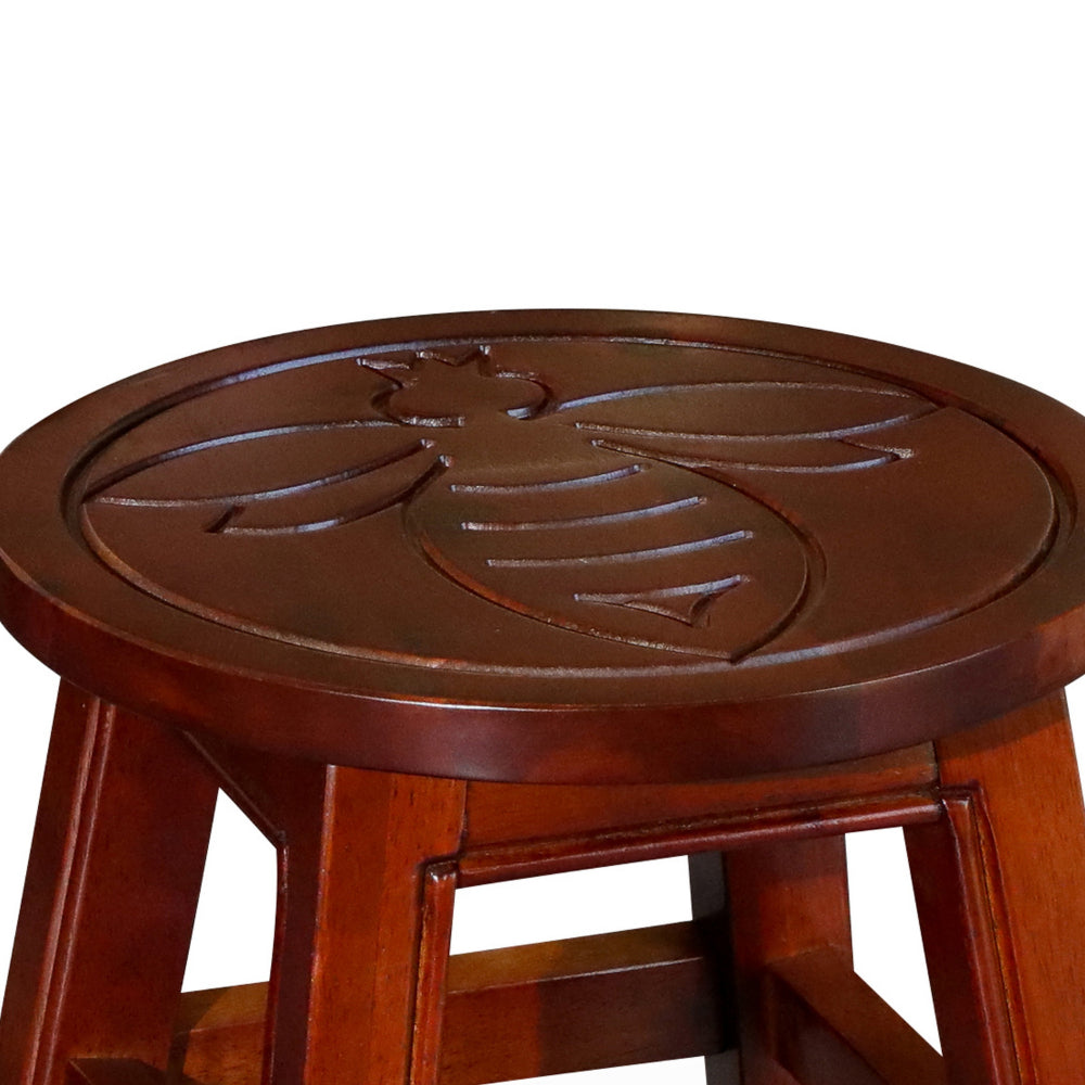 11 Inch Step Stool Footrest, Wood Carved Queen Bee, Round, Cherry Brown - BM314322