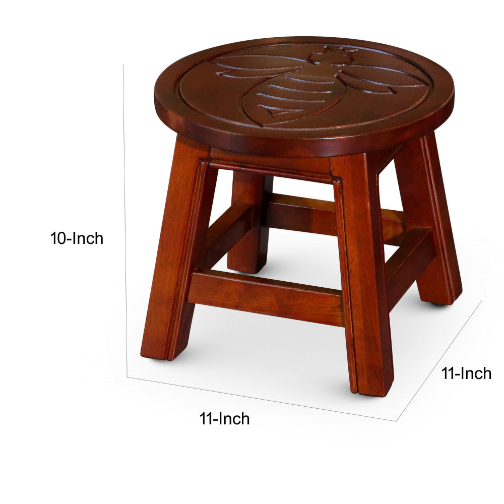 11 Inch Step Stool Footrest, Wood Carved Queen Bee, Round, Cherry Brown - BM314322