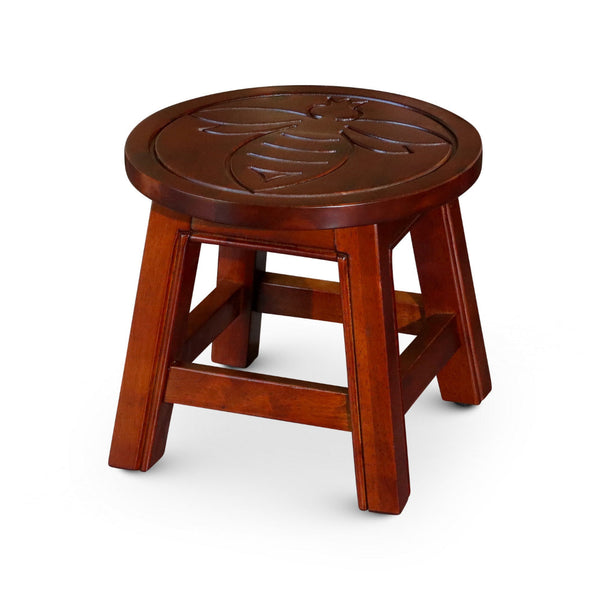 11 Inch Step Stool Footrest, Wood Carved Queen Bee, Round, Cherry Brown - BM314322