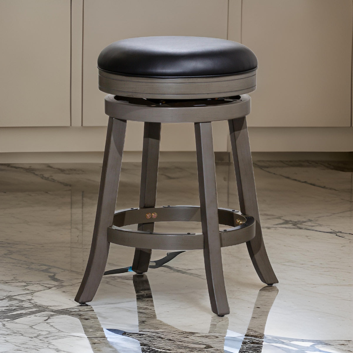 Opi 24 Inch Swivel Counter Stool, Black Bonded Leather, Weathered Gray - BM314333