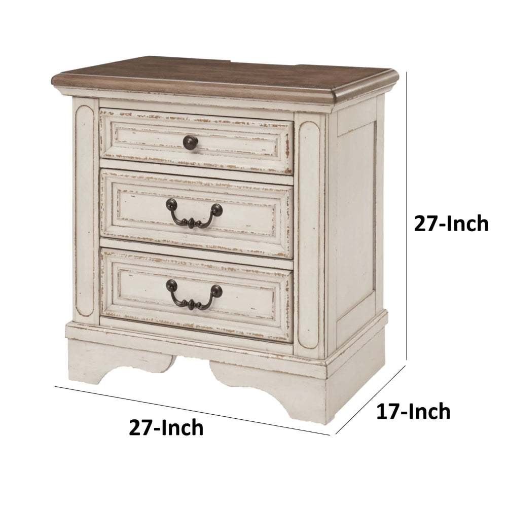 Beny 27 Inch Nightstand with 3 Drawers, Black Handles, White Wood Finish - BM314382