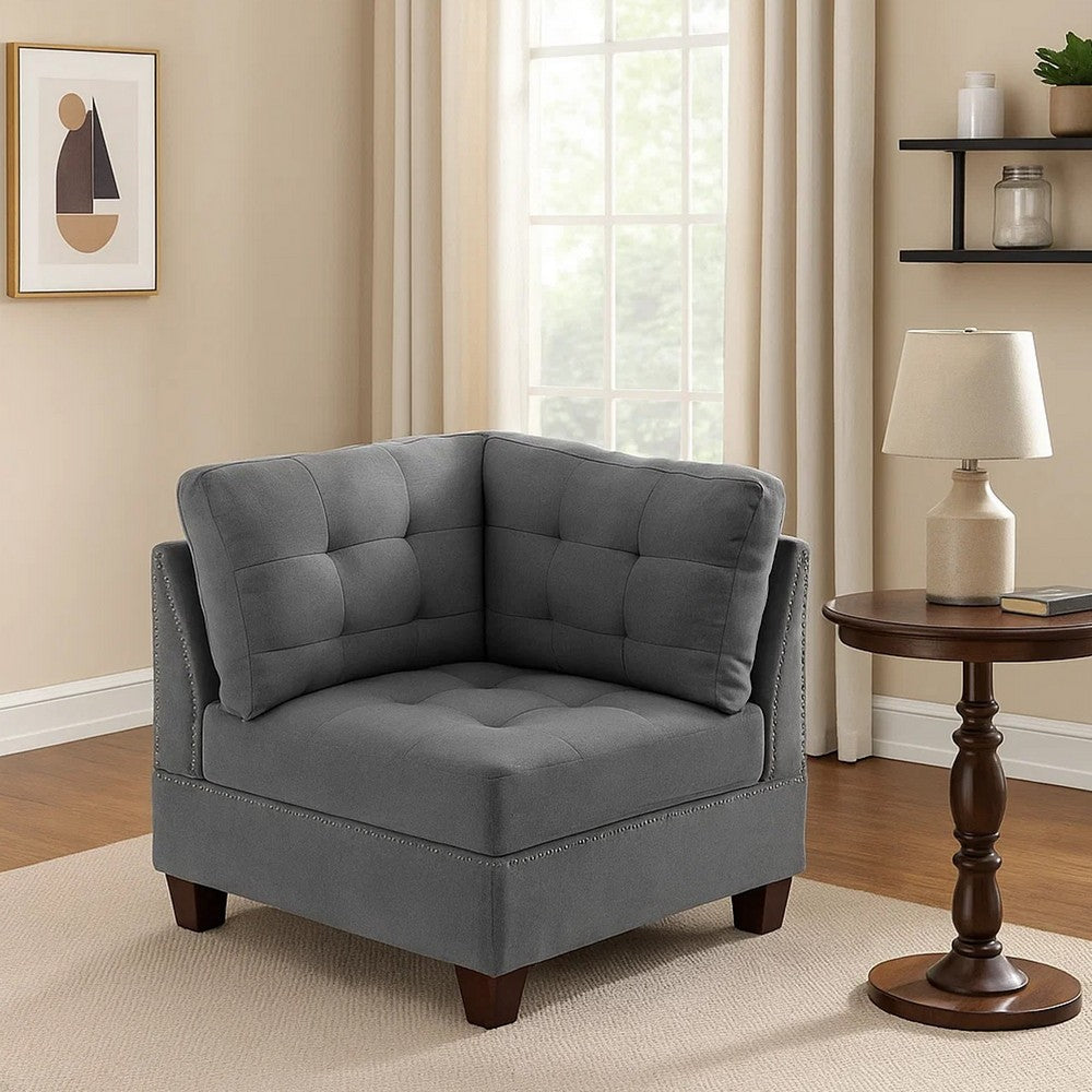 Lemy 32 Inch Modular Corner Sofa Chair, Tufted Gray Upholstery, Solid Wood - BM314389