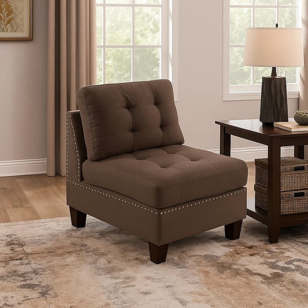 Lemy 32 Inch Modular Armless Sofa Chair, Tufted Brown Fabric, Solid Wood - BM314392