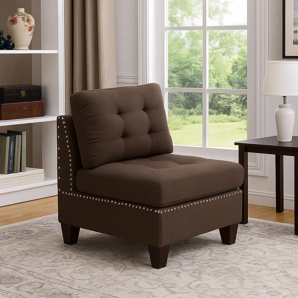 Lemy 32 Inch Modular Armless Sofa Chair, Tufted Brown Fabric, Solid Wood - BM314392