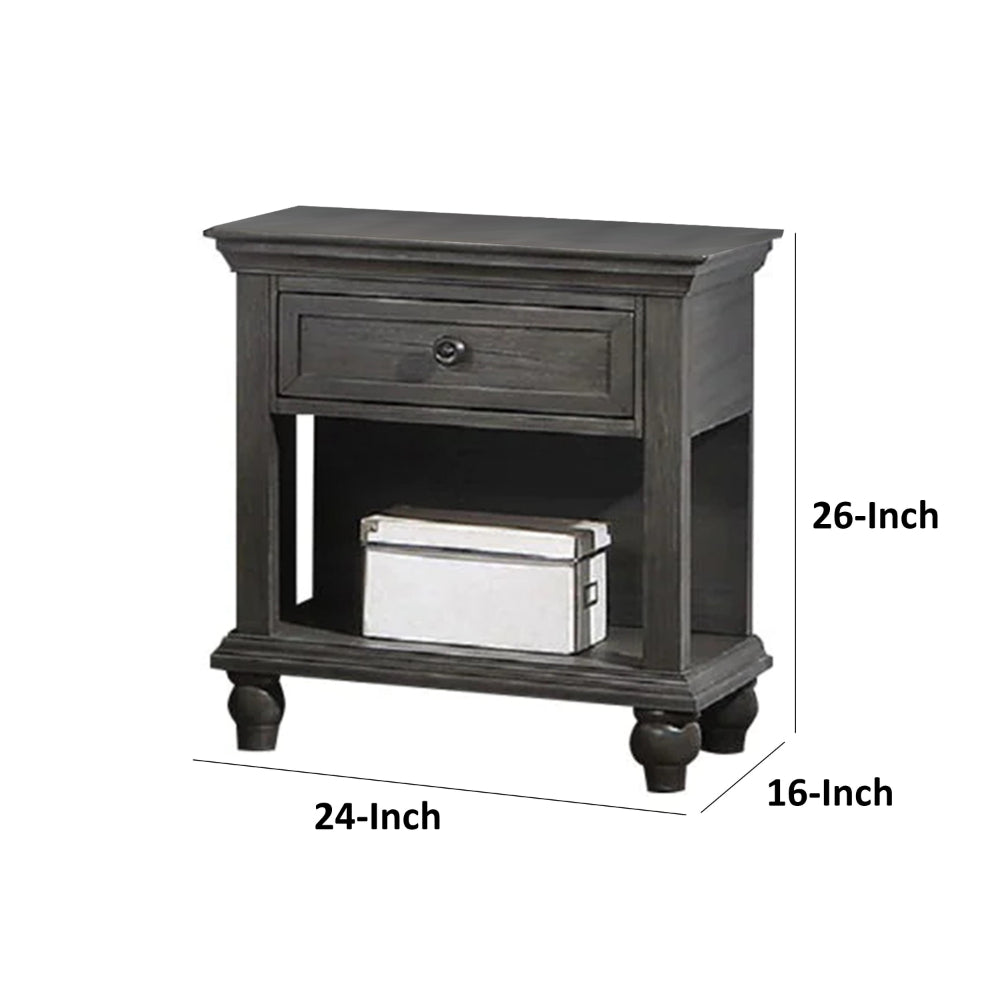 Zenny 26 Inch Nightstand with 1 Drawer, Open Lower Shelf, Gray Solid Wood - BM314393