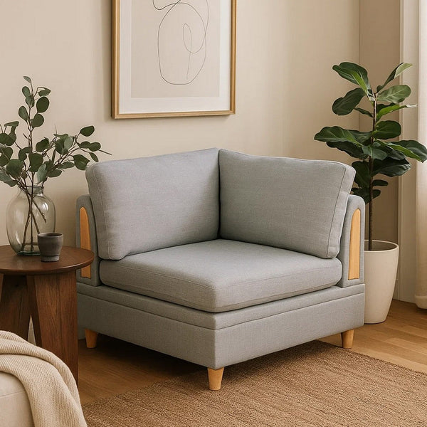 Gimy 37 Inch Modular Corner Sofa Chair, Light Gray Dorris Fabric, Wood - BM314409