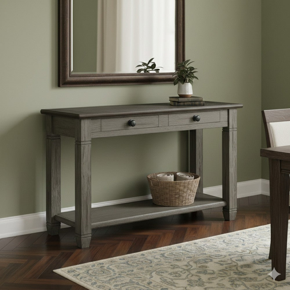 Rome 48 Inch Sofa Table, Rectangular, 2 Drawers, Brown, Gray, Solid Wood - BM314415