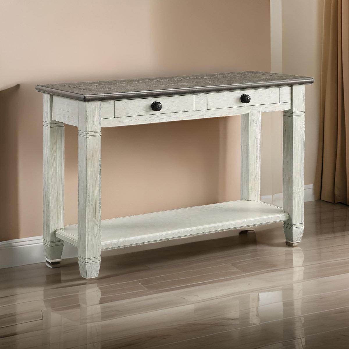 Rome 48 Inch Sofa Table, Rectangular, 2 Drawers, White, Brown, Solid Wood - BM314416