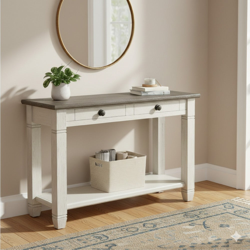 Rome 48 Inch Sofa Table, Rectangular, 2 Drawers, White, Brown, Solid Wood - BM314416
