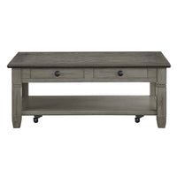 Rome 48 Inch Cocktail Table, 2 Drawers, Casters, Brown and Gray Solid Wood - BM314417