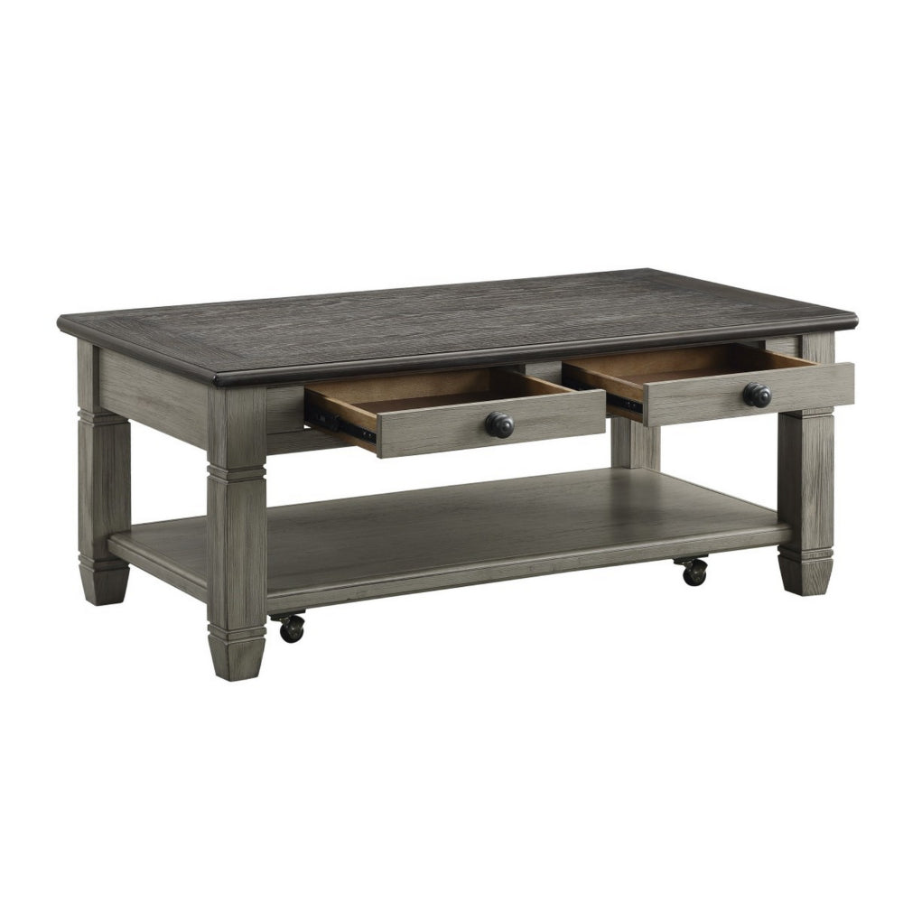 Rome 48 Inch Cocktail Table, 2 Drawers, Casters, Brown and Gray Solid Wood - BM314417