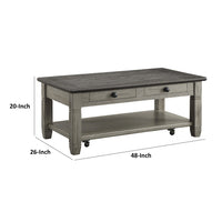 Rome 48 Inch Cocktail Table, 2 Drawers, Casters, Brown and Gray Solid Wood - BM314417