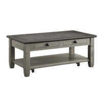 Rome 48 Inch Cocktail Table, 2 Drawers, Casters, Brown and Gray Solid Wood - BM314417