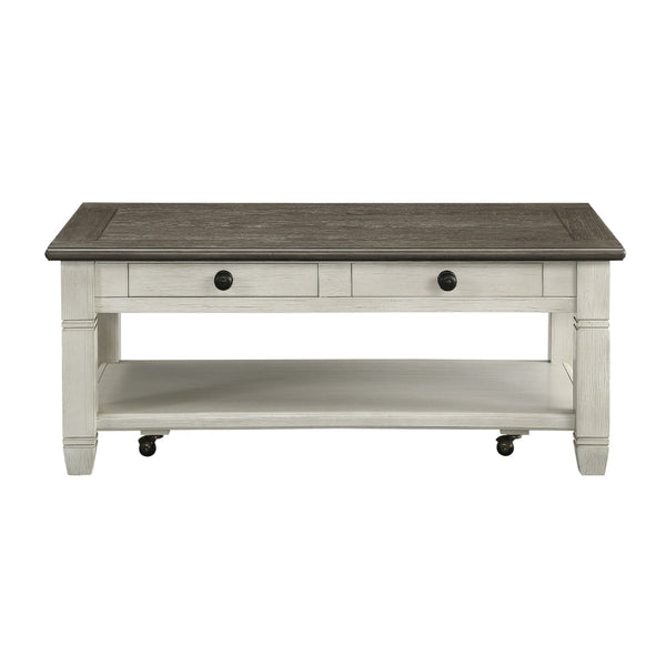 Rome 48 Inch Cocktail Coffee Table, 2 Drawers, White and Brown, Solid Wood - BM314418