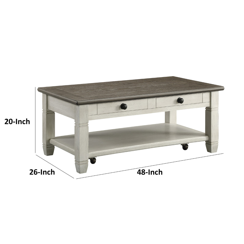 Rome 48 Inch Cocktail Coffee Table, 2 Drawers, White and Brown, Solid Wood - BM314418