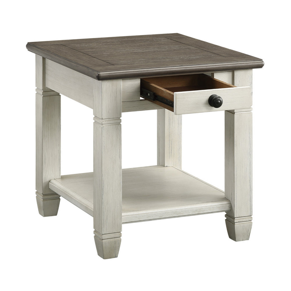 Rome 26 Inch Side End Table, Square, 1 Drawer, Brown, White, Solid Wood - BM314419