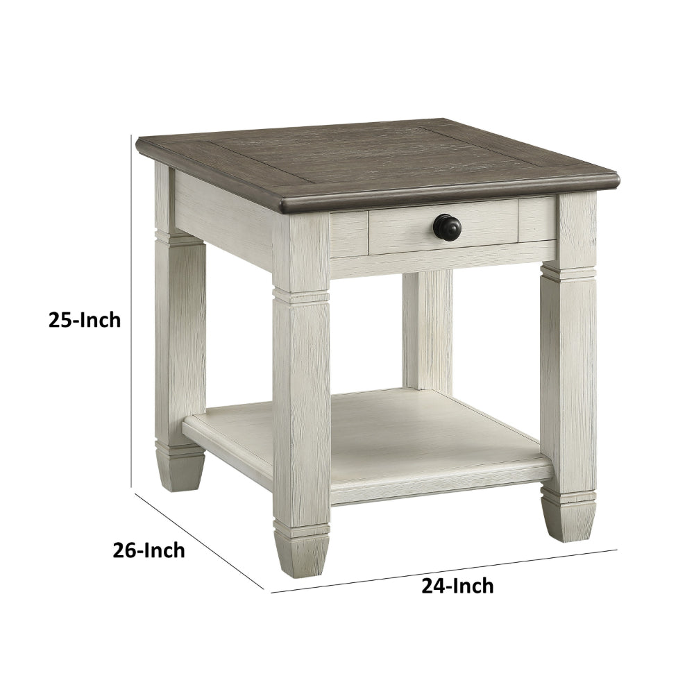 Rome 26 Inch Side End Table, Square, 1 Drawer, Brown, White, Solid Wood - BM314419