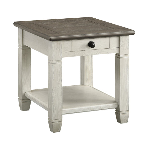 Rome 26 Inch Side End Table, Square, 1 Drawer, Brown, White, Solid Wood - BM314419