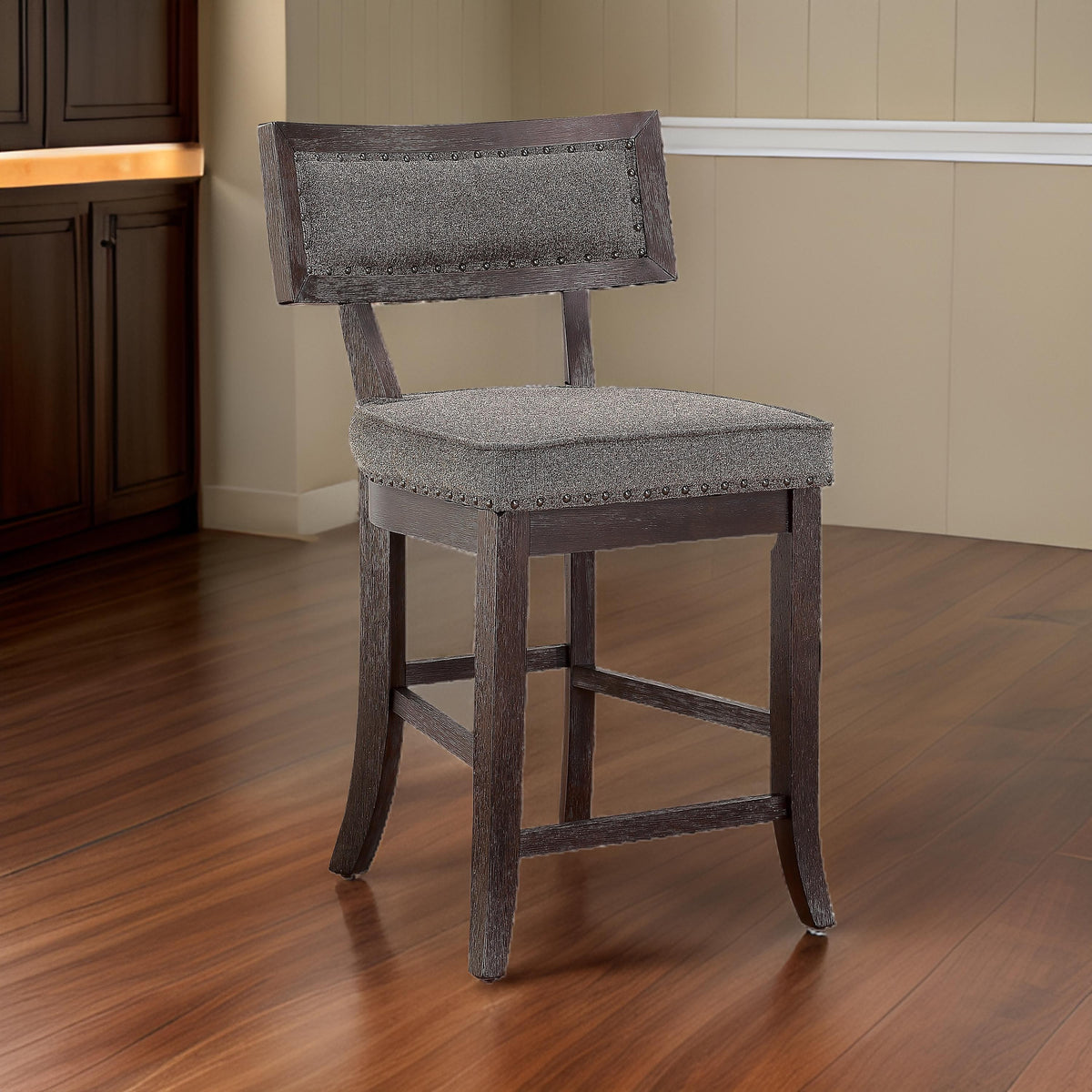 Shan 25 Inch Counter Height Chair, Nailhead Trim, Brown Wood, Set of 2 - BM314420