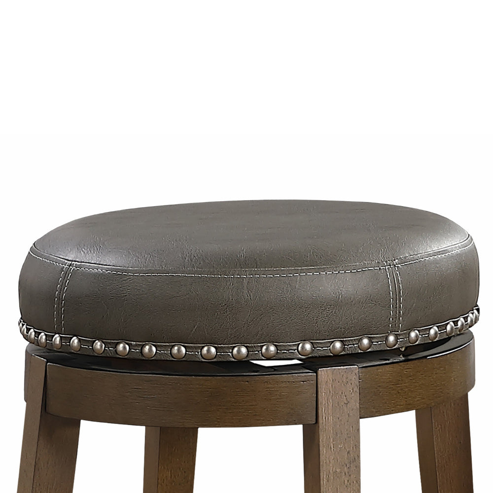 Bara 20 Inch Swivel Dining Stool, Gray Round Faux Leather, Set of 2, Brown - BM314423