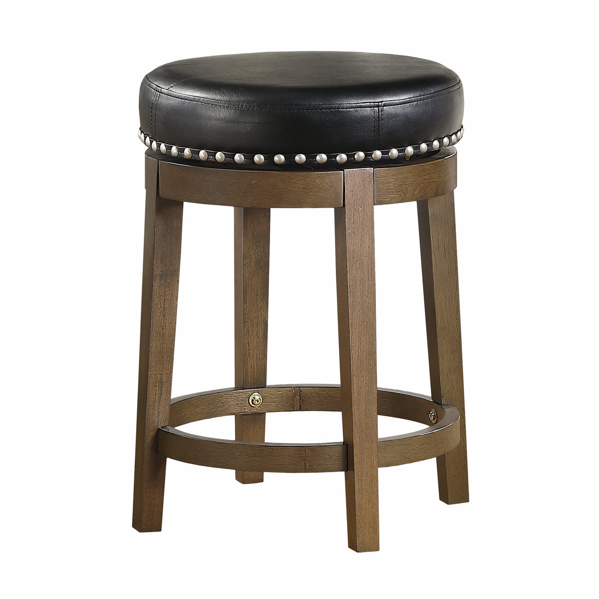 Bara 25 Inch Swivel Counter Stool, Black Round Faux Leather, Brown, Set of 2 - BM314424