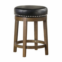 Bara 25 Inch Swivel Counter Stool, Black Round Faux Leather, Brown, Set of 2 - BM314424